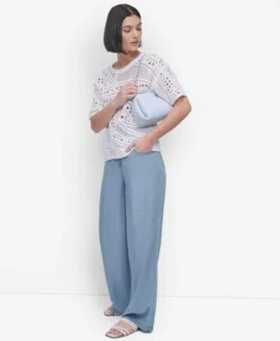 Dkny Womens Cotton Short Sleeve Crochet Sweater Chambray Wide Leg Pants In Skyway Blue