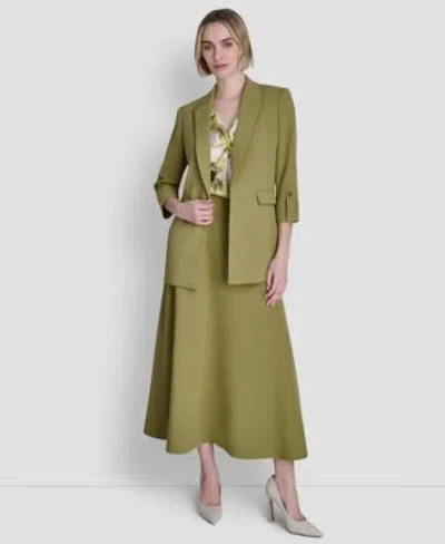 Dkny Womens Crepe Open Front Jacket Printed Woven Short Sleeve Blouse Crepe Midi Skirt In Green