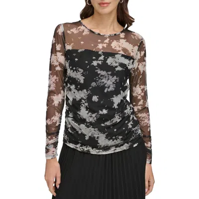 Dkny Womens Crewneck Long Sleeve Blouse In Black,pearl Ivory