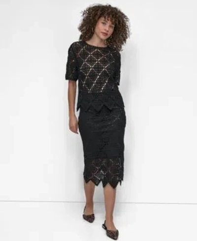 Dkny Womens Crocheted Short Sleeve Sweater Midi Sweater Skirt In Black