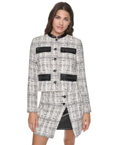 Dkny Womens Cropped Tweed Jacket High Waisted Mini Wrap Tweed Skirt In Gray