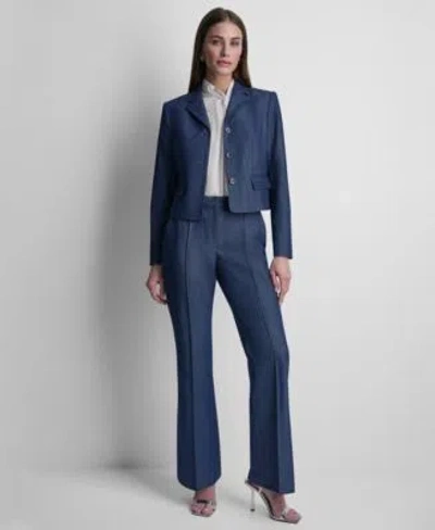 Dkny Womens Denim Cropped Button Front Jacket Sleeveless Neck Detail Poplin Top Denim Pintuck Flared Trou In Blue