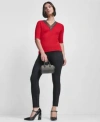 Dkny Womens Embellished Neck Half Sleeve Ribbed Sweater Slim Leg Pull On Ponte Ankle Pant In Red