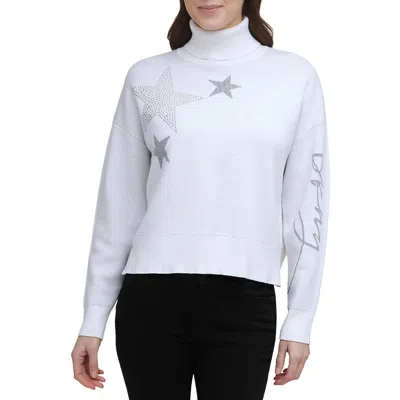 Dkny Womens Embellished Printed Turtleneck Sweater In Neutral