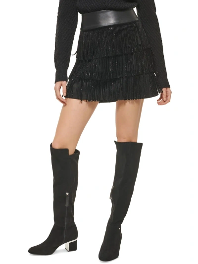 Dkny Womens Faux Leather Fringe Mini Skirt In Black