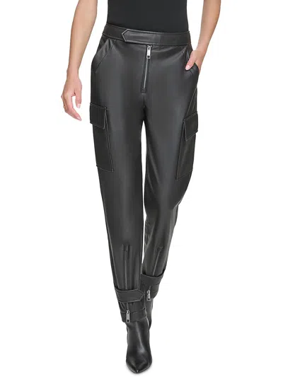 Dkny Womens Faux Leather High Rise Cargo Pants In Black