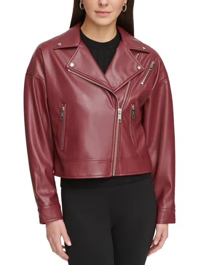 Dkny Womens Faux Leather Motorcycle Jacket In Pink