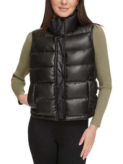Dkny Womens Faux Leather Quilted Outerwear Vest In Black