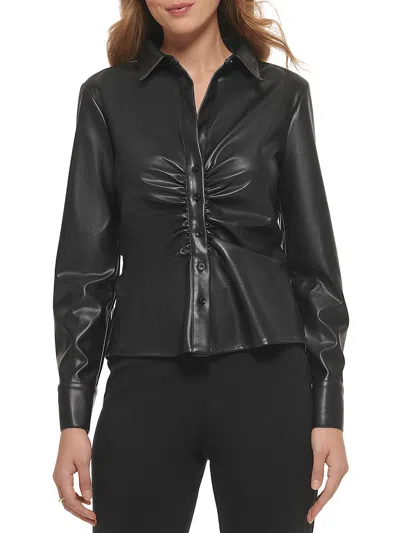 Dkny Womens Faux Leather Ruched Button-down Top In Black