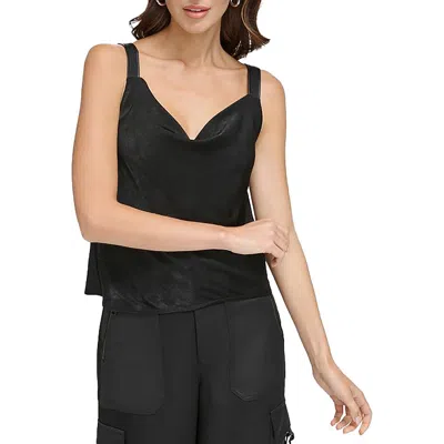 Dkny Womens Faux Leather Trim Cowl Neck Cropped In Black