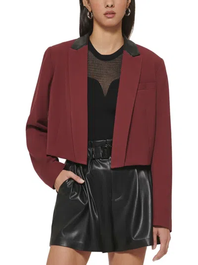 Dkny Womens Faux Leather Trim Crop Open-front Blazer In Red