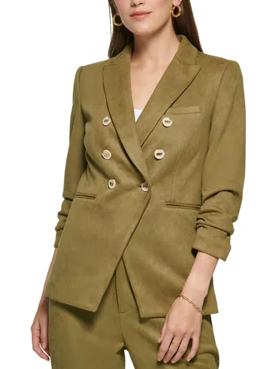 DKNY WOMENS FAUX SUEDE RUCHED DOUBLE-BREASTED BLAZER