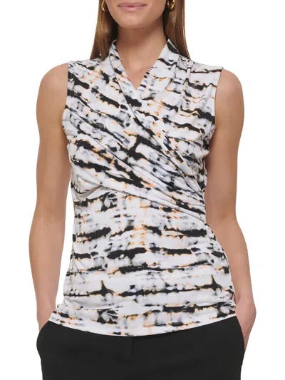 Dkny Womens Faux-wrap Abstract Blouse In White