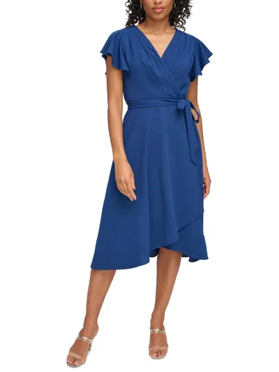 Dkny Womens Faux Wrap Pleated Midi Dress In Blue