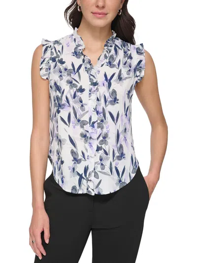 Dkny Womens Floral Print Pullover Top In Blue