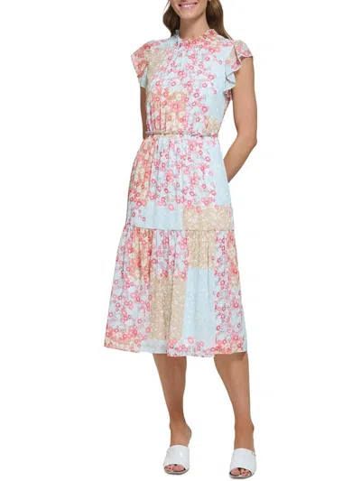 Dkny Womens Floral Tiered Midi Dress In Blue