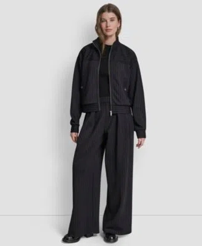 Dkny Womens Full Zip Pinstripe Track Jacket Straight Leg Pleated Pinstripe Pants In Black