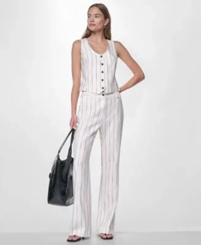 Dkny Womens Heavy Topstitch Striped V Neck Vest Striped Pants In White