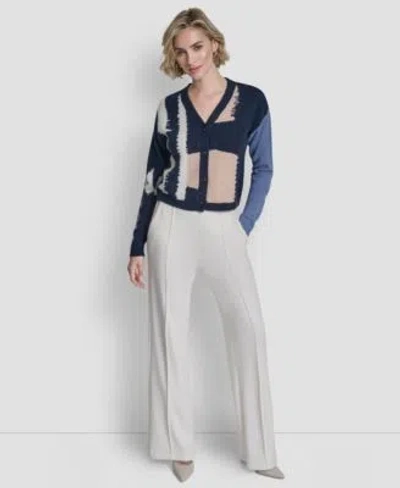 Dkny Womens Knit Pull On Wide Leg Pants Long Sleeve Color Block Cropped Cardigan In White