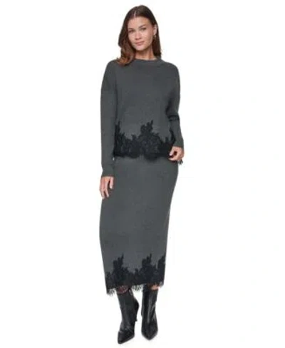 Dkny Womens Lace Trim Long Sleeve Loose Fit Sweater Lace Trim High Waisted Midi Skirt In Gray