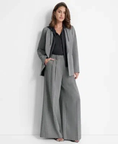 Dkny Womens Layered Hoodie Blazer Mixed Media Long Sleeve Top High Rise Pleated Wide Leg Pants In Black