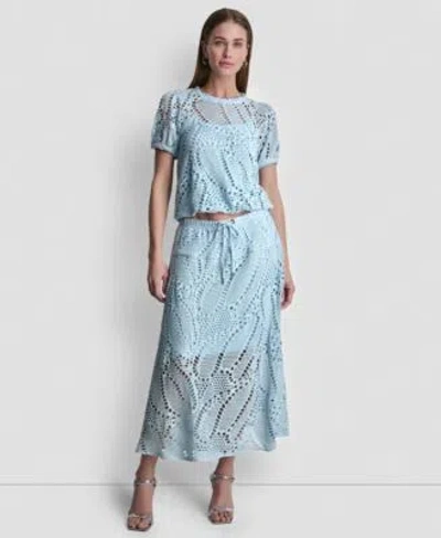 Dkny Womens Leaf Crochet Short Sleeve Top Crochet Leaf Pull On Midi Skirt In Blue