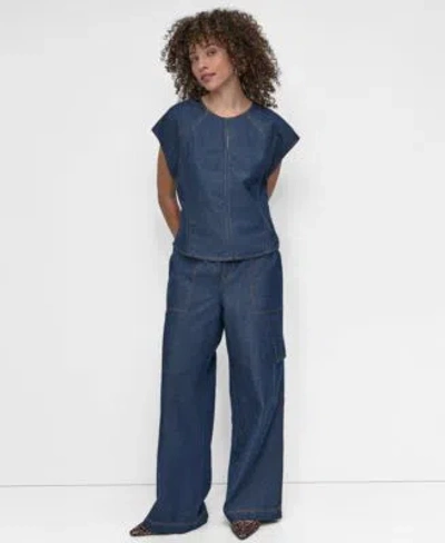 DKNY WOMENS LIGHTWEIGHT COTTON DENIM TOP WIDE LEG JEANS