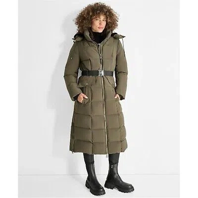 Pre-owned Dkny Womens Long Belt Jacket Outerwear Puffer - Heavyweight In Green