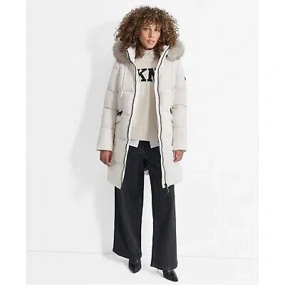 Pre-owned Dkny Womens Long Fur Jacket Outerwear Puffer - Heavyweight In White