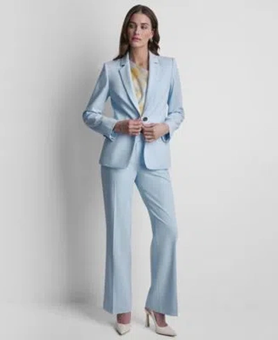 Dkny Womens Long Sleeve One Button Jacket Printed Asymmetric Neck Sleeveless Top Straight Leg Flared Pant In Blue