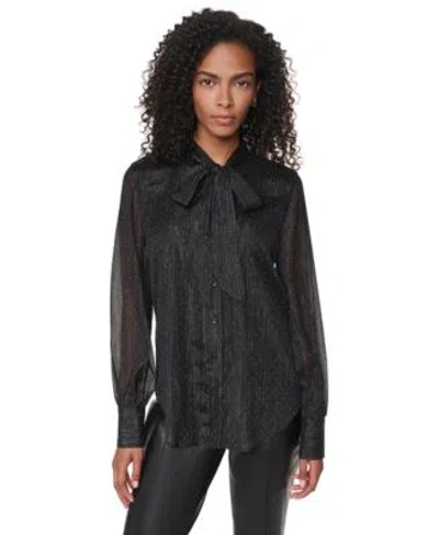 Dkny Womens Long Sleeve Polka Dot Tie Neck Blouse In Black