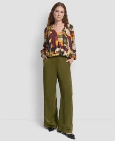 Dkny Womens Long Sleeve Rumpled Voile Printe Blouse Glazed High Rise Seamed Cuff Wide Leg Pants