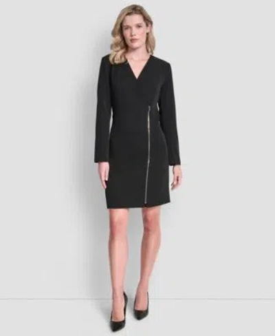 Dkny Womens Long Sleeve Zipper Front A Line Dress In Black