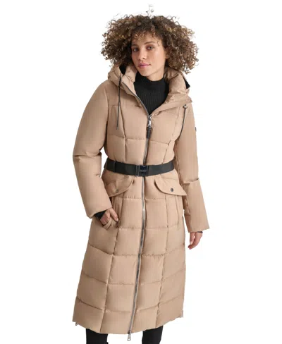 Dkny Womens Maxi Belted Hooded Puffer Coat In Camel