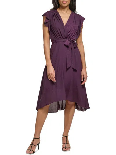 Dkny Womens Midi Flutter Sleeve Midi Dress In Purple