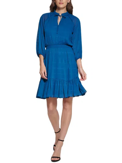 Dkny Womens Mini Tie Neck Fit & Flare Dress In Blue