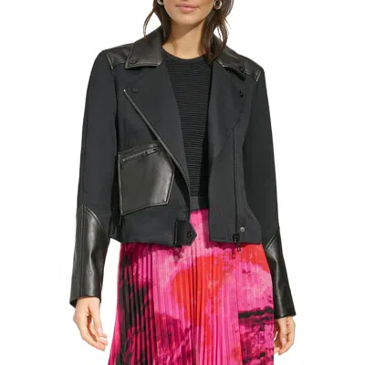 Dkny Womens Mixed Media Asymmetric Motorcycle Jacket In Black