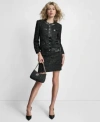 Dkny Womens Mixed Media Tweed Crackle Crewneck Jacket Textured Mini Skirt In Black