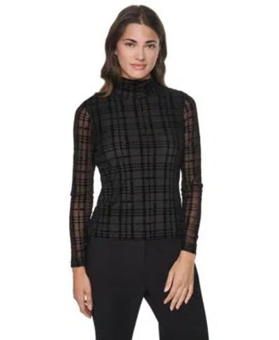 Dkny Womens Mock Neck Long Sleeve Flocked Mesh Knit Top In Black