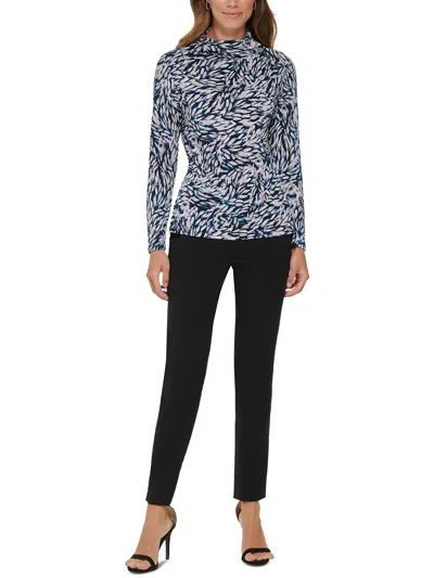Dkny Womens Mock Neck Printed Blouse In Blue