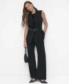Dkny Womens Notch Collar Belted Extended Vest High Rise Pleat Front Wide Leg Pants Ribbed Sleeveless Crew In Black