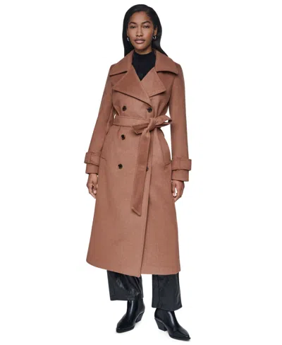 Dkny Womens Notch Collar Belted Wrap Coat In Brown