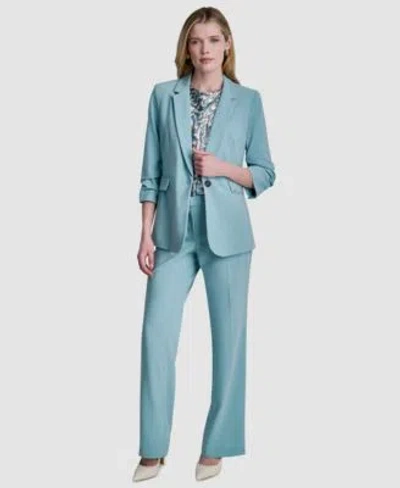 Dkny Womens Notch Collar Ruched Sleeve Blazer Printed Cowl Neck Blouse Mid Rise Ankle Length Pants In Blue