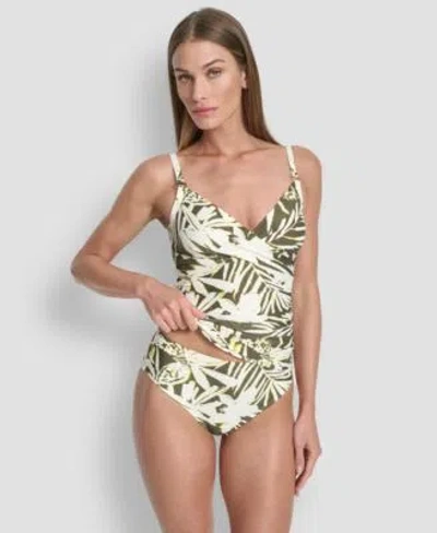 Dkny Womens O Ring Twist Front Tankini Top Bottoms In Black,soft White (cross Hatch)
