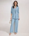 DKNY WOMENS ONE BUTTON LONG SLEEVE JACKET ZIP FRONT PUFF SLEEVE BLOUSE CHAMBRAY WIDE LEG PANTS