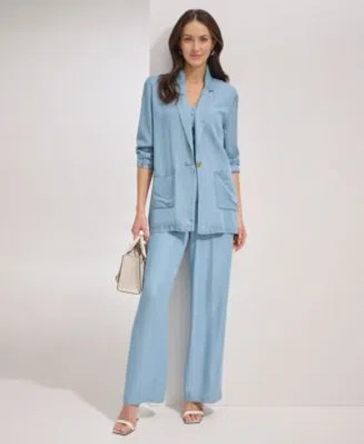 Dkny Womens One Button Long Sleeve Jacket Zip Front Puff Sleeve Blouse Chambray Wide Leg Pants In Glacier