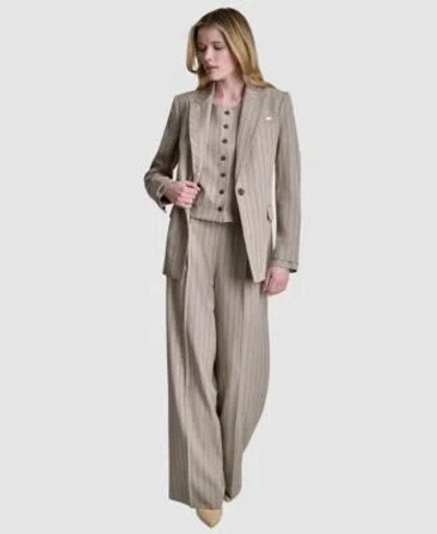 Dkny Womens Pinstripe Notch Collar Blazer Pinstripe Button Front Vest Mid Rise Straight Fit Pants In Gray