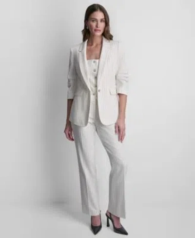Dkny Womens Pinstripe One Button Notch Collar Jacket Sleeveless Pinstripe Button Front Vest Pinstripe Fla In White