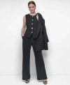 Dkny Womens Pinstriped Crewneck Button Front Vest High Rise Flare Leg Pants In Blue