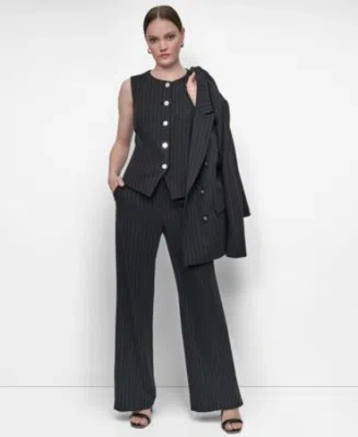 Dkny Womens Pinstriped Crewneck Button Front Vest High Rise Flare Leg Pants In Blue